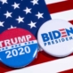 London, UK - May 5th 2020: Donald Trump and Joe Biden pin badges, pictured of the USA flag.  The two men will be battling eachother in the 2020 US Presidential Election.